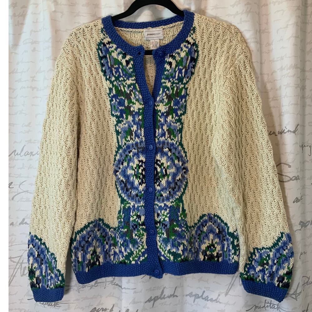 Vintage Tanner Sport Beige Cardigan Sweater L Ramie Cotton Floral Embroidery